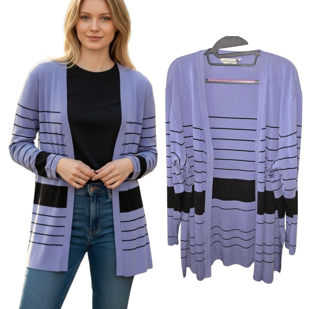 EXCLUSIVELY MISOOK 3X Vtg Signature Knit Black Purple Open Front Duster Sweater